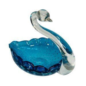 Vintage Art Glass Swan Blue Bowl Trinket Dish Tray Controlled Bubbles